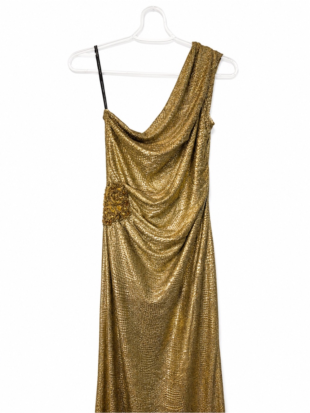 David Meister One-Shoulder Shimmering Gold Evening Gown - Picture 5 of 12